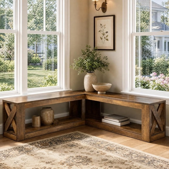 Tribesigns 59" L Shaped Wooden Corner Bench with Storage Shelf