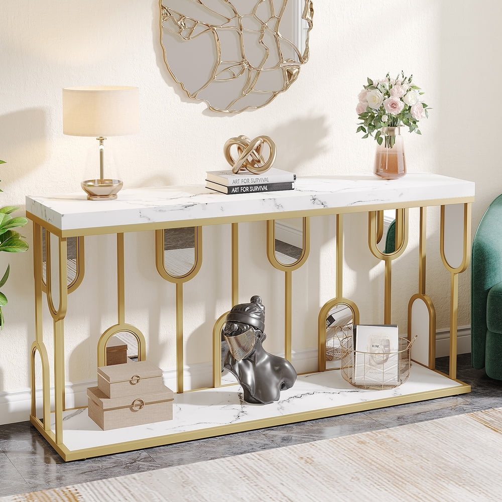 Tribesigns 59" Modern Sofa Console Table with Bottom Shelves and Mirror ...