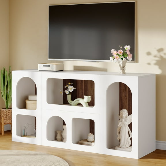 Finmind 59" Modern White Console Table - Wooden Storage Organizer and Sofa Table with 6 Compartments