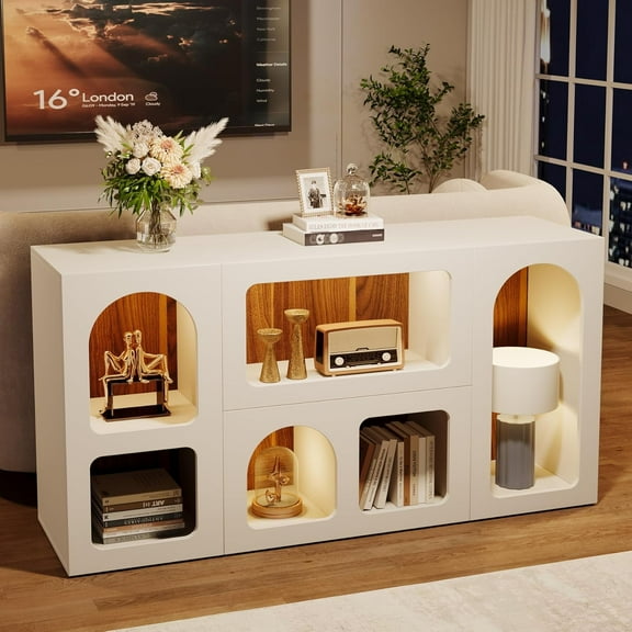 Tribesigns 59" White Console Table, Modern Entryway Table, Wooden Storage Organizer Entrance Table with 6 Compartments for Living Room