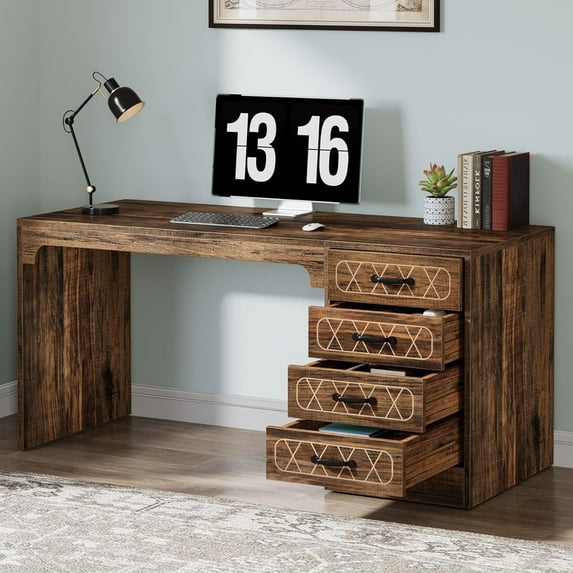 Finmind 59" Wood Computer Desk with 4 Drawers: Home Office & Study Table in Antique Oak