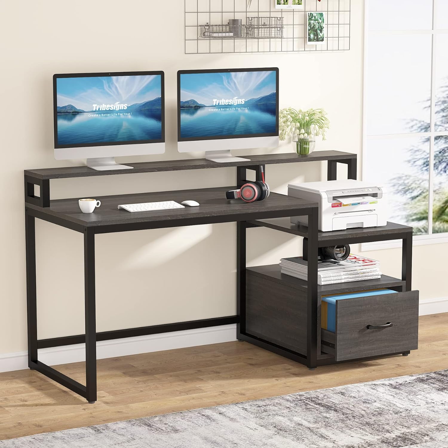 Tribesigns 59 inch Computer Desk with Storage Shelves and File Drawer, Large Home Office Desk