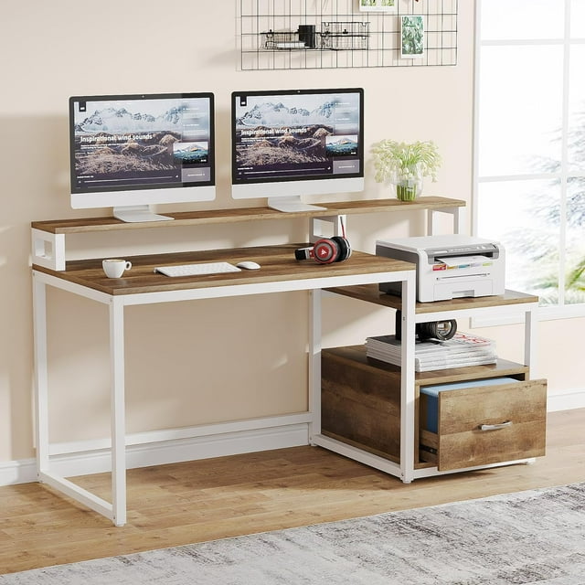 Tribesigns 59 inch Computer Desk with Storage Shelves and File Drawer ...