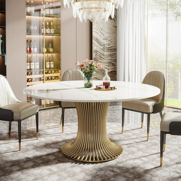 Tribesigns 59 inch Modern Luxury Sintered Stone Round Dining Table with Gold Stainless Steel Pedestal for Kitchen Dining Room