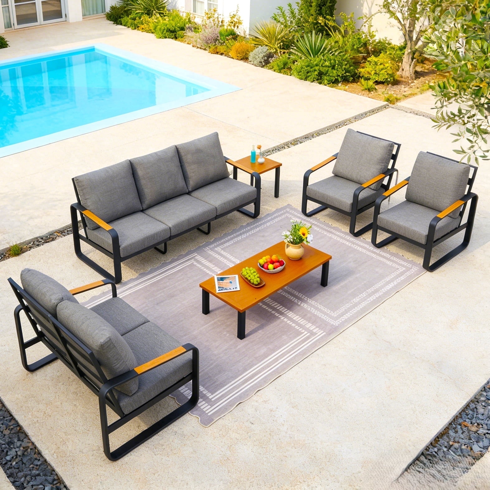 Fnova 6 Piece Patio Conversation Sets, Outdoor Patio Furniture Set with Coffee Table & Thick Cushions, Outdoor Sectional Furniture Set for Porch, Balcony, Backyard