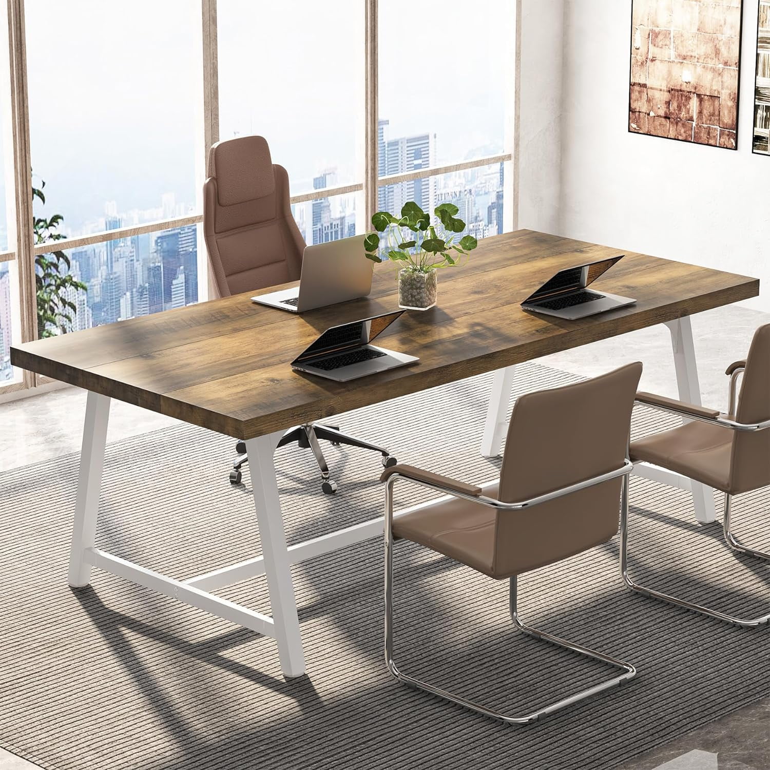 Tribesigns 6 Seater Conference Table 70.87 L Vintage Wood Executive Desk with Strong Metal Frame for Meeting Room Oak Walmart Business Supplies