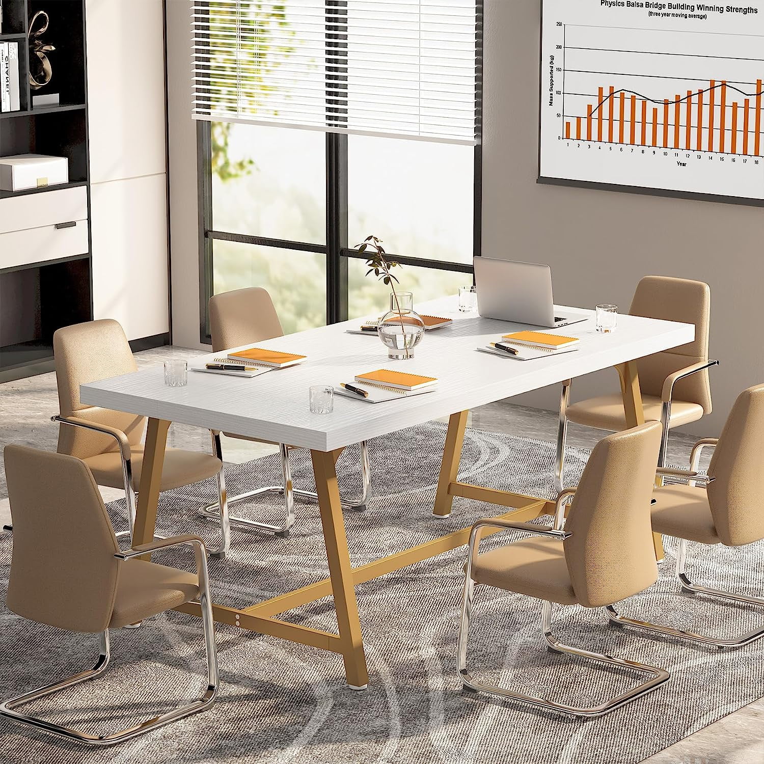 Tribesigns 6 Seater Conference Table 70.87 L Vintage Wood Executive Desk with Strong Metal Frame for Meeting Room White and Gold