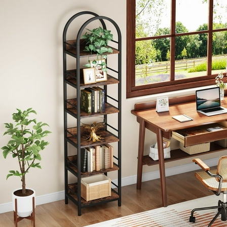 Finmind 6-Tier Arched Bookshelf, 78.7" Tall Metal Frame Corner Bookcase, Rustic Brown
