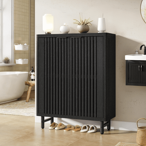 Tribesigns 6-Tier Bathroom Floor Cabinet, Wooden Bathroom Storage Cabinet, Large Sideboard Cabient for Bathroom/Kitchen/Living Room (Black)
