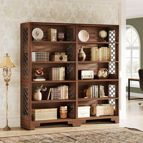 Finmind 6-Tier Bookcase Set of 2- 70.8" Vintage Tall Bookcase with X-Pattern Design & 5-Shelf Display Rack