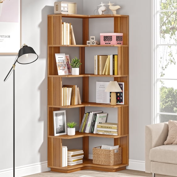 Tribesigns 6-Tier Corner Bookshelf, 64.9 Inch Tall Industrial Bookcase with Anti-drop Panel, Freestanding Wood Grain Corner Shelf Display Rack Storage Organizer for Home Office, Living Room