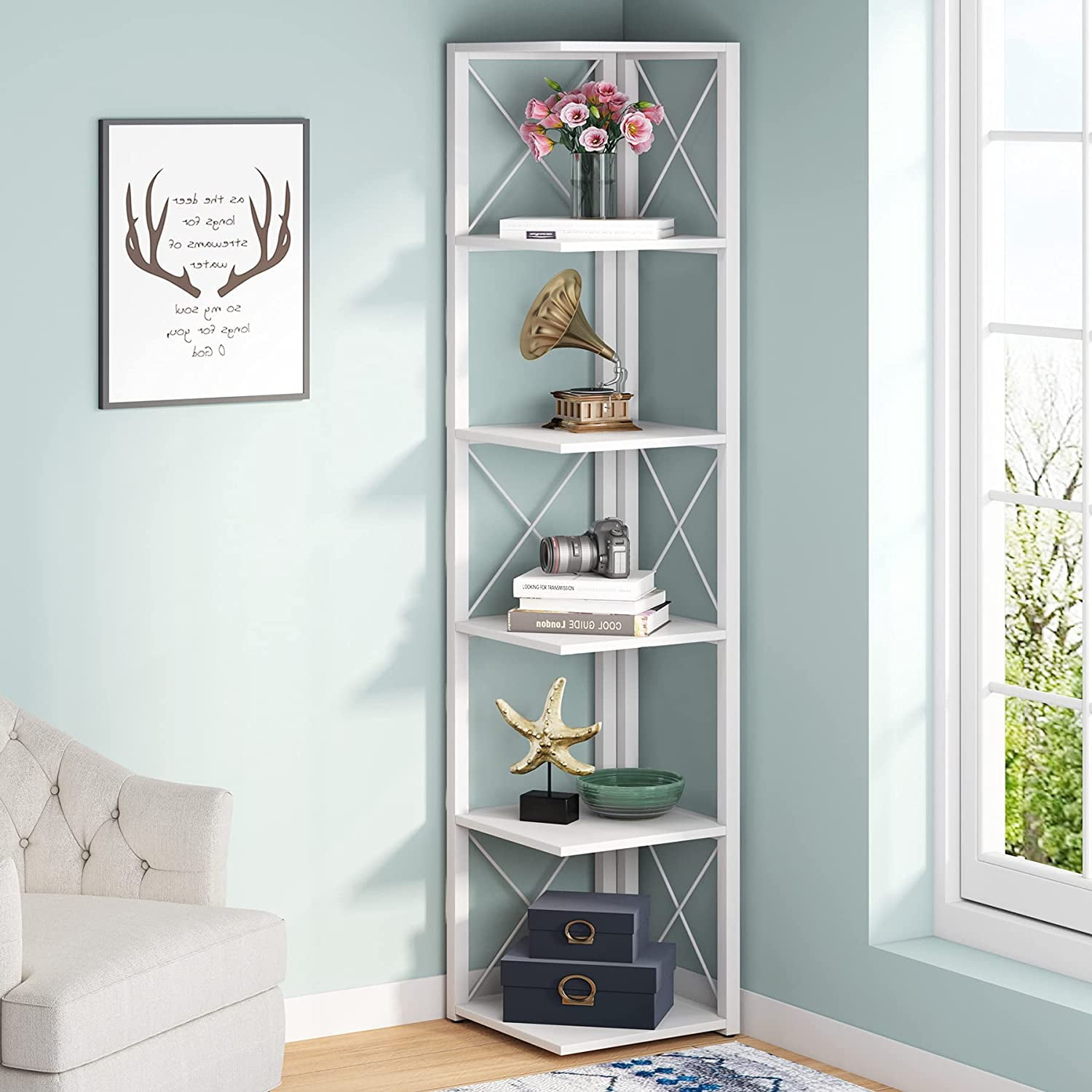 Tribesigns 6 Tier Corner Shelf 70.8 Inch Tall Rustic Corner Bookshelf Storage Etagere Bookcase for Living Room Corner Display Rack Plant Shelf for