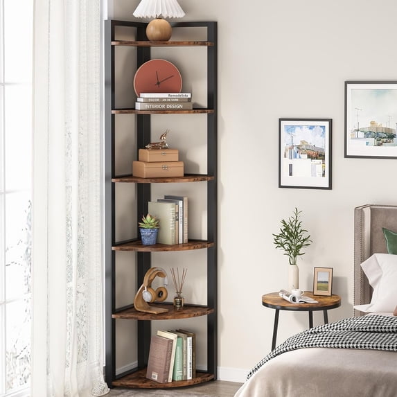 Tribesigns 6 Tier Corner Shelf, 70.9 inch Tall Bookshelf Small Storage Rack for Living Room, Brown