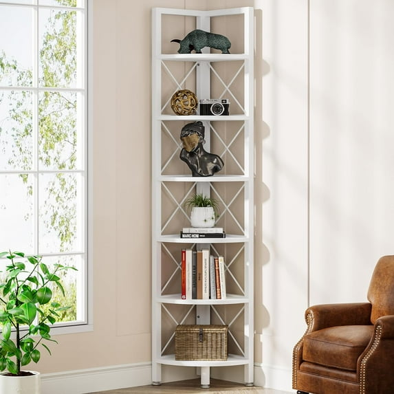 Tribesigns 6 Tier Engineered Wood Metal White Rustic Corner Bookcase