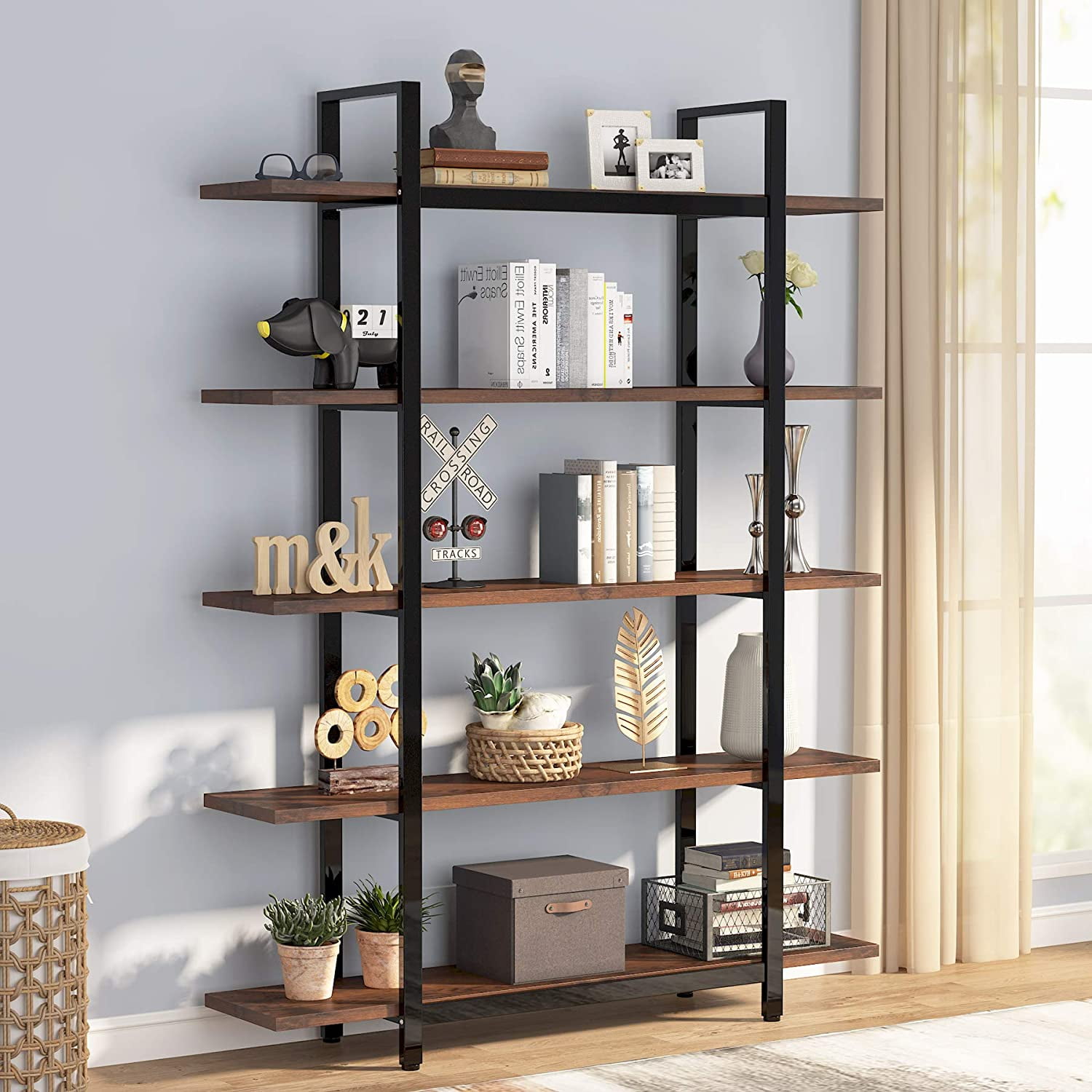 Tribesigns 6-Tier Large Open Bookshelf, Industrial Etagere Bookcase Storage Display Shelves for Home and Office, Vintage Organizer Shelving Unit with Wood Grain