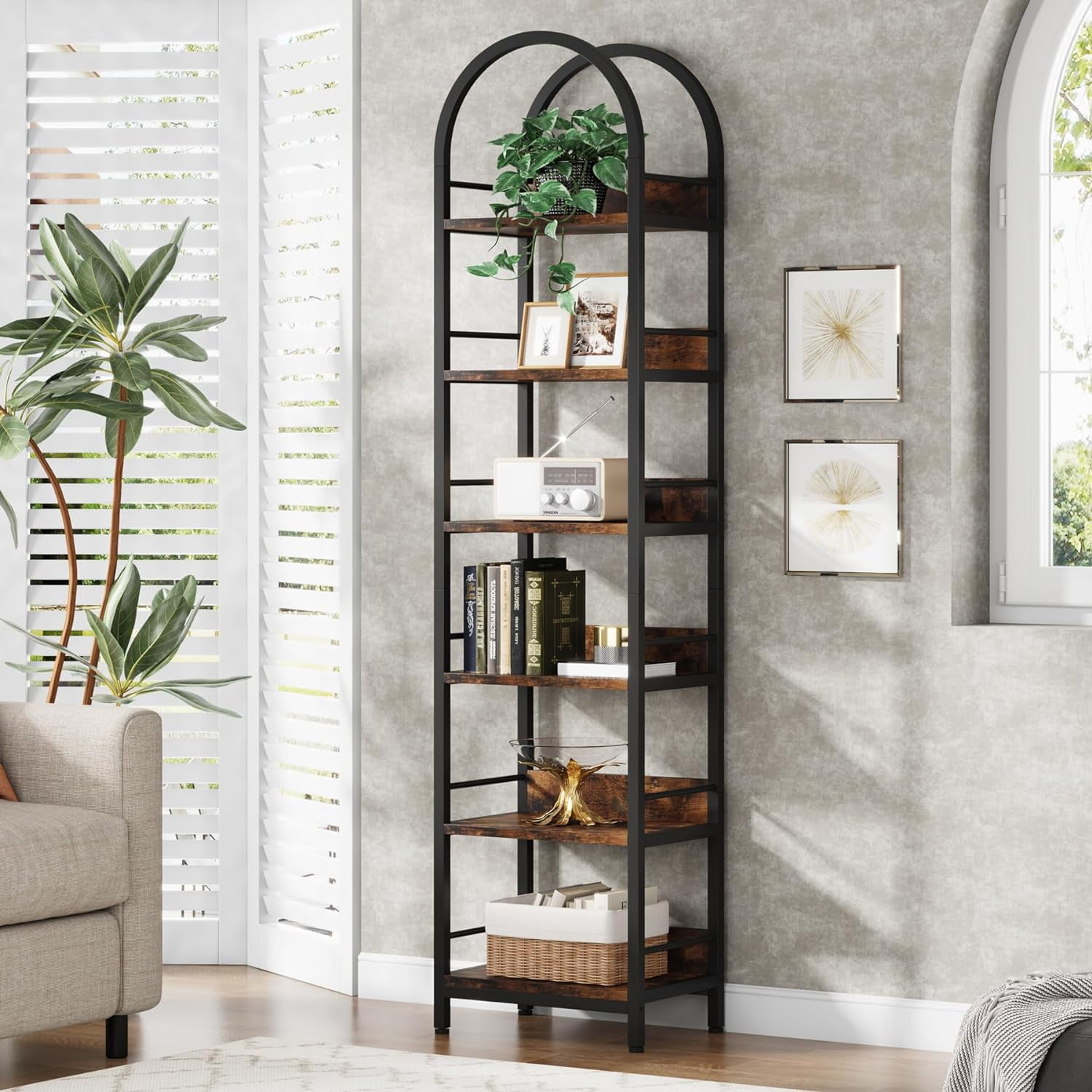 Rustic Brown 6-Tier Arched Metal Frame Bookshelf