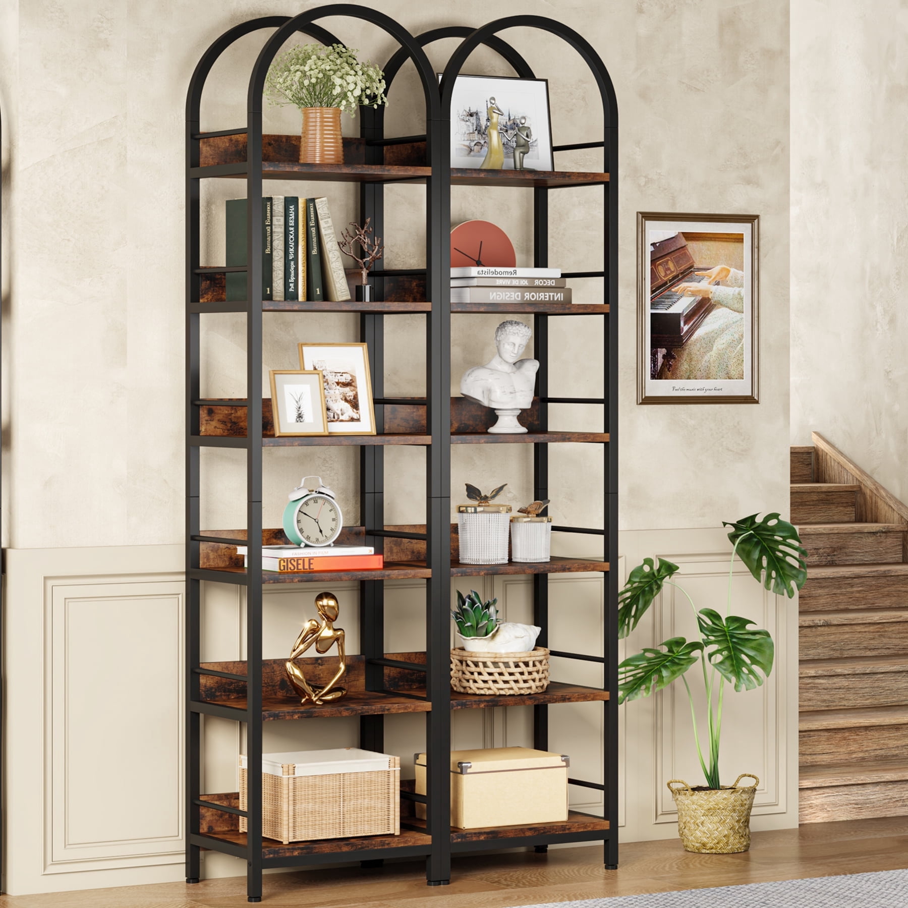 Tribesigns 6-Tier Open Bookshelf, 78.7" Tall Arched Bookcase Narrow Bookshelf, Rustic Brown, Set of 2