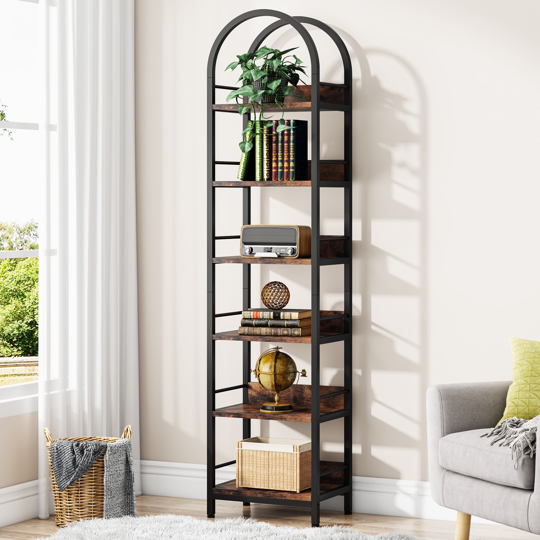 Rustic Brown 6-Tier Arched Metal Frame Bookshelf