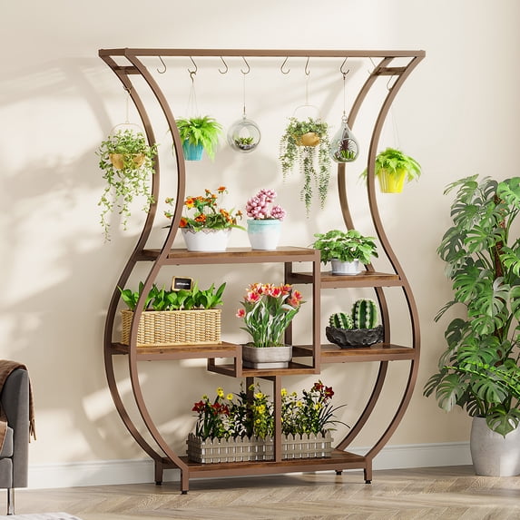 Tribesigns 6-Tier Plant Stand, 70.9" Tall Plant Shelf with 10 Hanging Hooks, Vase Shape Ladder Plant Stand, Multi-Purpose Plant Display Rack