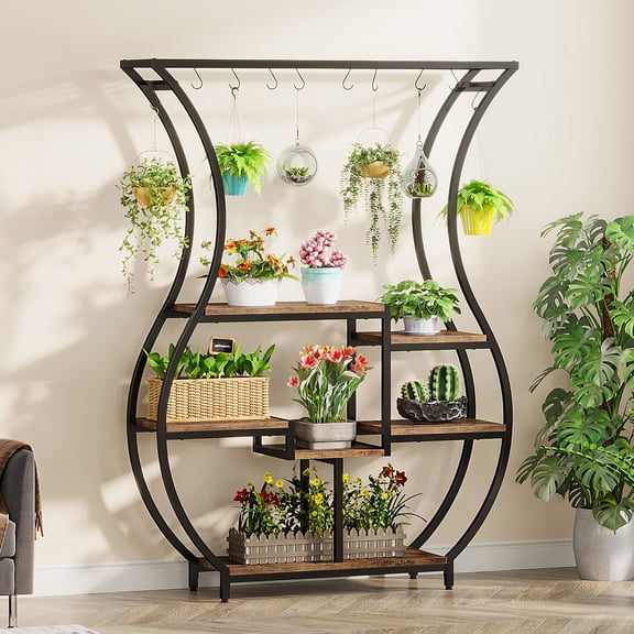 Tribesigns 6-Tier Plant Stand, 70.9" Tall Plant Shelf with 10 Hanging Hooks, Vase Shape Ladder Plant Stand, Multi-Purpose Plant Display Rack