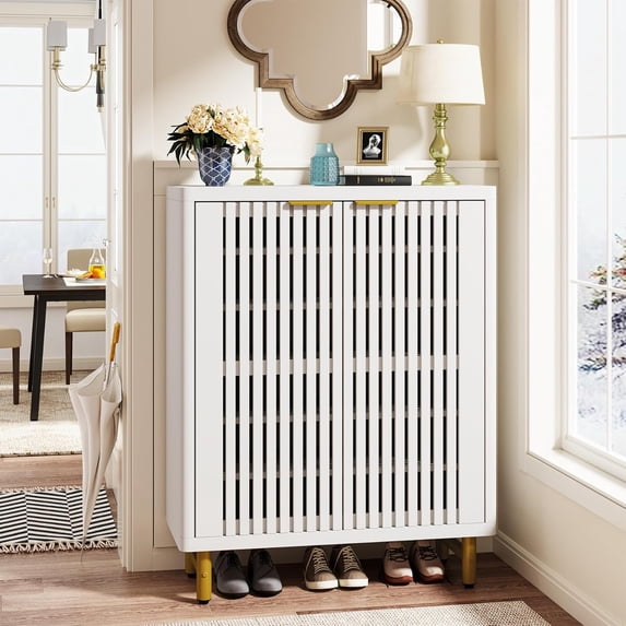 Tribesigns 6-Tier Shoe Cabinet with Louvered Doors, Large Wooden Shoe Storage Cabinet with Adjustable Shelves for Entryway, Hallway, White