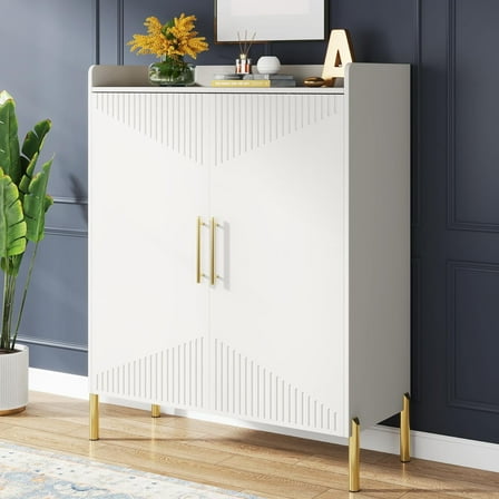 Tribesigns 6-Tier Shoe Storage Cabinet with Doors, 30 Pairs Shoe Rack Organizer for Entryway, White & Gold