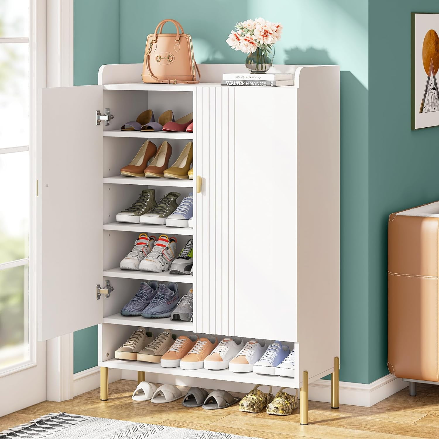 Tribesigns 6 Tier Slim Shoe Cabinet Adjustable Storage Organizer Rack with Doors White