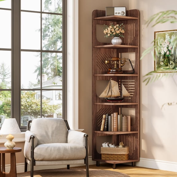 Fnova 6-Tier Tall Corner Bookshelf, 71" Bookcase with Hollow Design,  Narrow Display Shelf for Living Room, Bedroom, Small Space, Rustic Brown