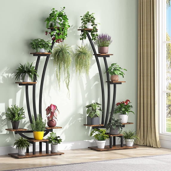 Tribesigns 6-Tier Tall Indoor Plant Stand Pack of 2, Metal Curved Display Shelf with 2 Hanging Hooks,Brown