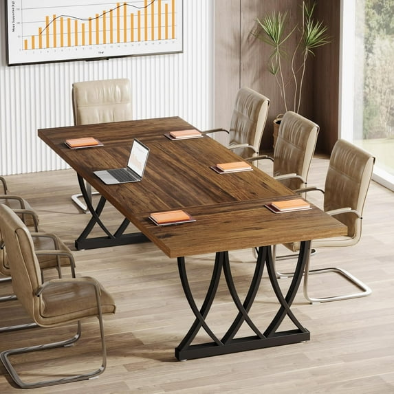 Tribesigns 6 ft Conference Table for 6-8 People, 70.86-Inch Rectangle Conference Table Meeting Seminar Table with Unique Curved Metal Support for Home Office (Retro Brown & Black, Without Chair)