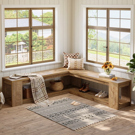 Tribesigns 61 in. Brown Entryway L-Shaped Bench Shoe Bench Indoor Bench with Storage & Base for Entry Way, Living Room, Bedroom