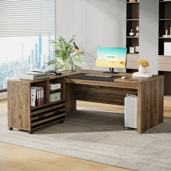 Tribesigns 62.2" Executive Desk with Storage Shelves, L-Shaped Office Desk with Mobile File Cabinet, Large Office Desk for Home Office, Light Brown