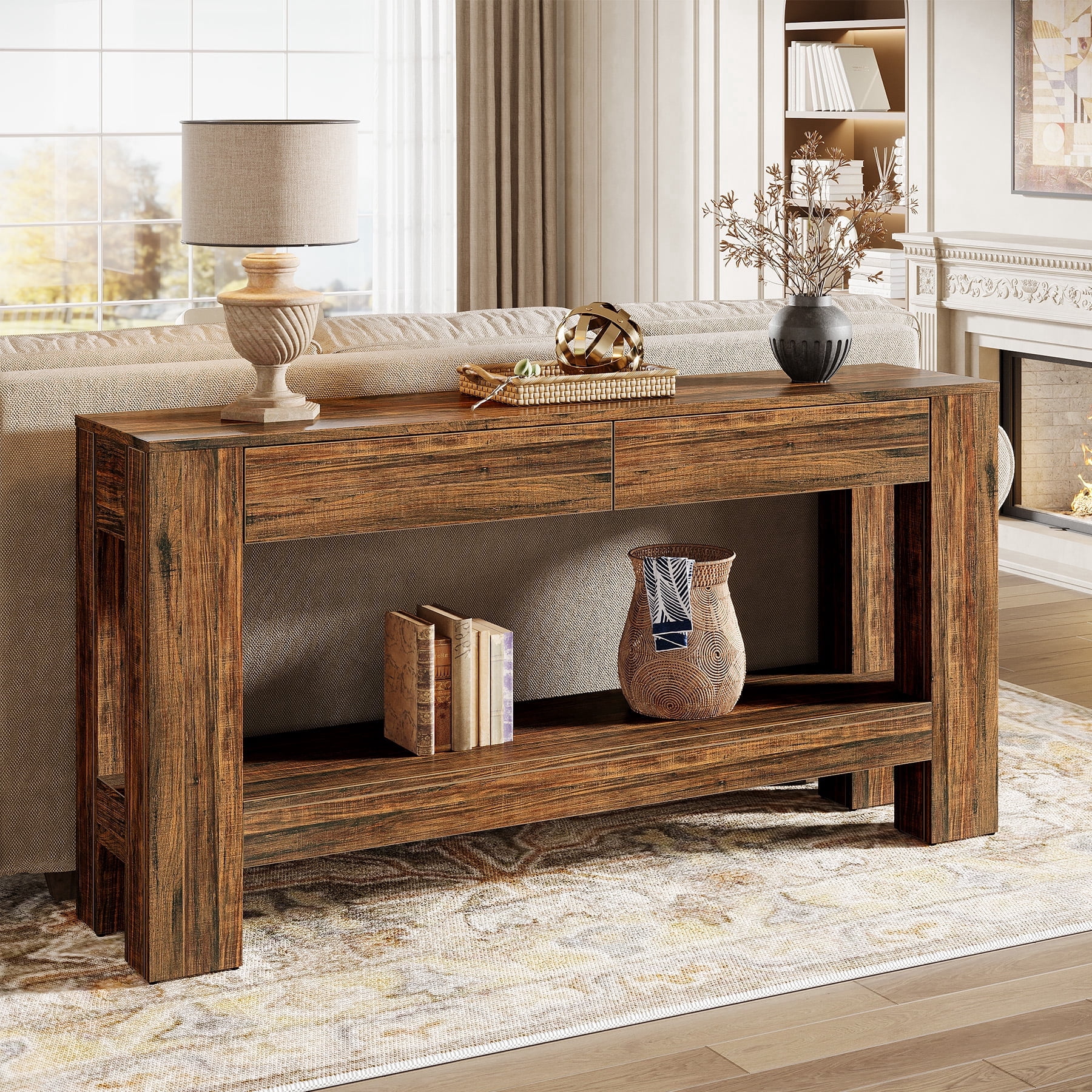 Tribesigns 63" 2-Tier Wooden Farmhouse Console Table with 2 Drawers for ...