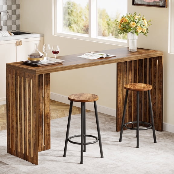Finmind 63" Bar Table,Industrial Bar Height Pub Table with Louvered Base, Rustic Brown