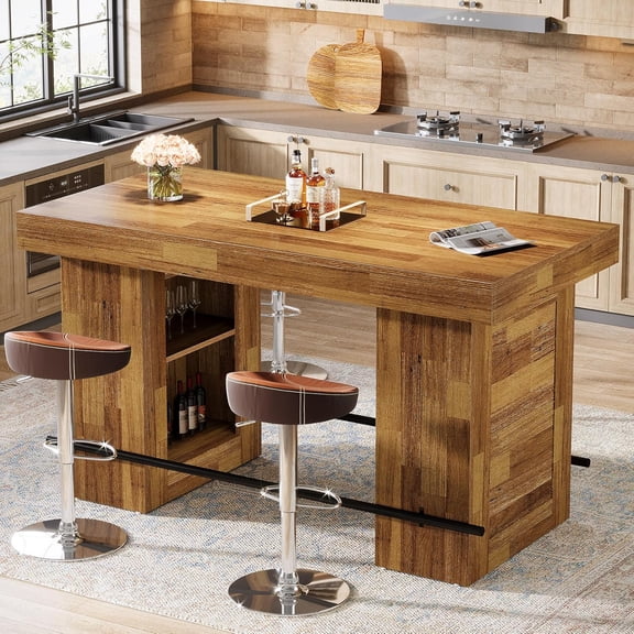 Tribesigns 63" Bar Table with Storage, Counter Height Pub Table with Metal Footrest, Rectangular High Top Home Bar Units for Home Kitchen & Dining Room, Brown