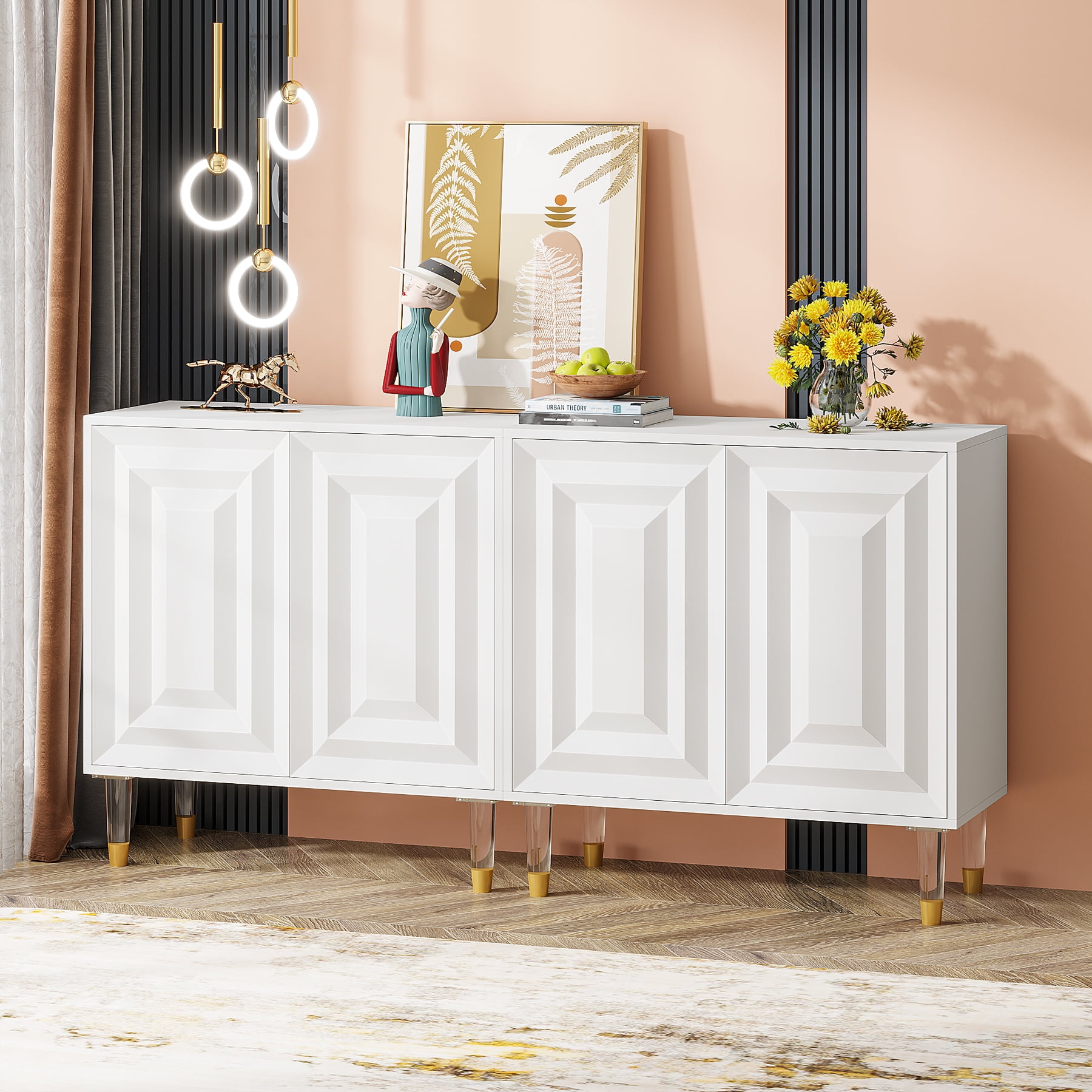 Tribesigns 63" Buffet Sideboard Cabinet with Storage, Modern Kitchen Cabinet with 4 Doors and Storage Shelves, White Credenza for Living Room, Dining Room, Coffee Bar, Office