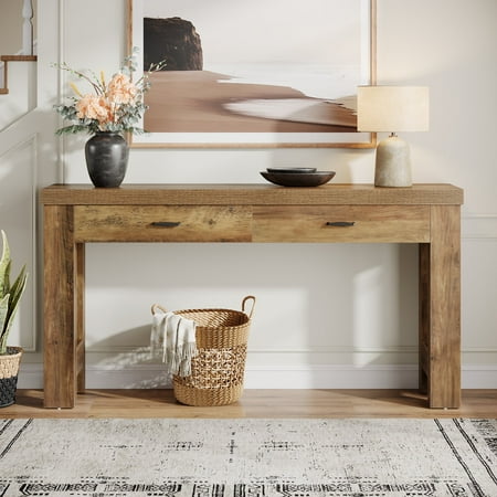 Finmind 63" Console Table: Farmhouse Entryway Table with 2 Drawers & Sturdy H-Shaped Legs for Hallway/Living Room/Bedroom, Rustic Brown