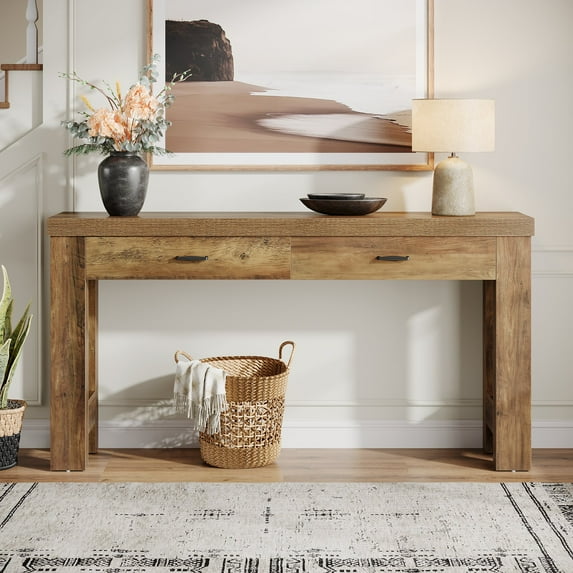 Finmind 63" Console Table: Farmhouse Entryway Table with 2 Drawers & Sturdy H-Shaped Legs for Hallway/Living Room/Bedroom, Rustic Brown