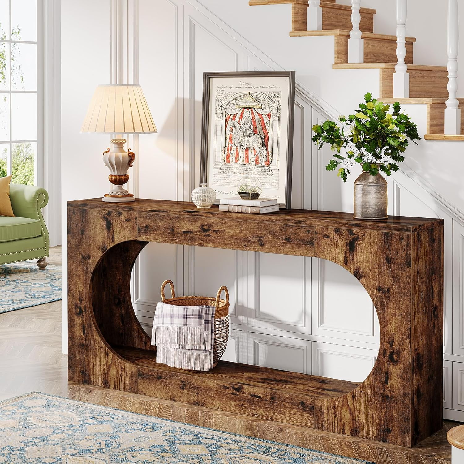63-Inch Rustic Brown Wood Console Table with Storage Shelf