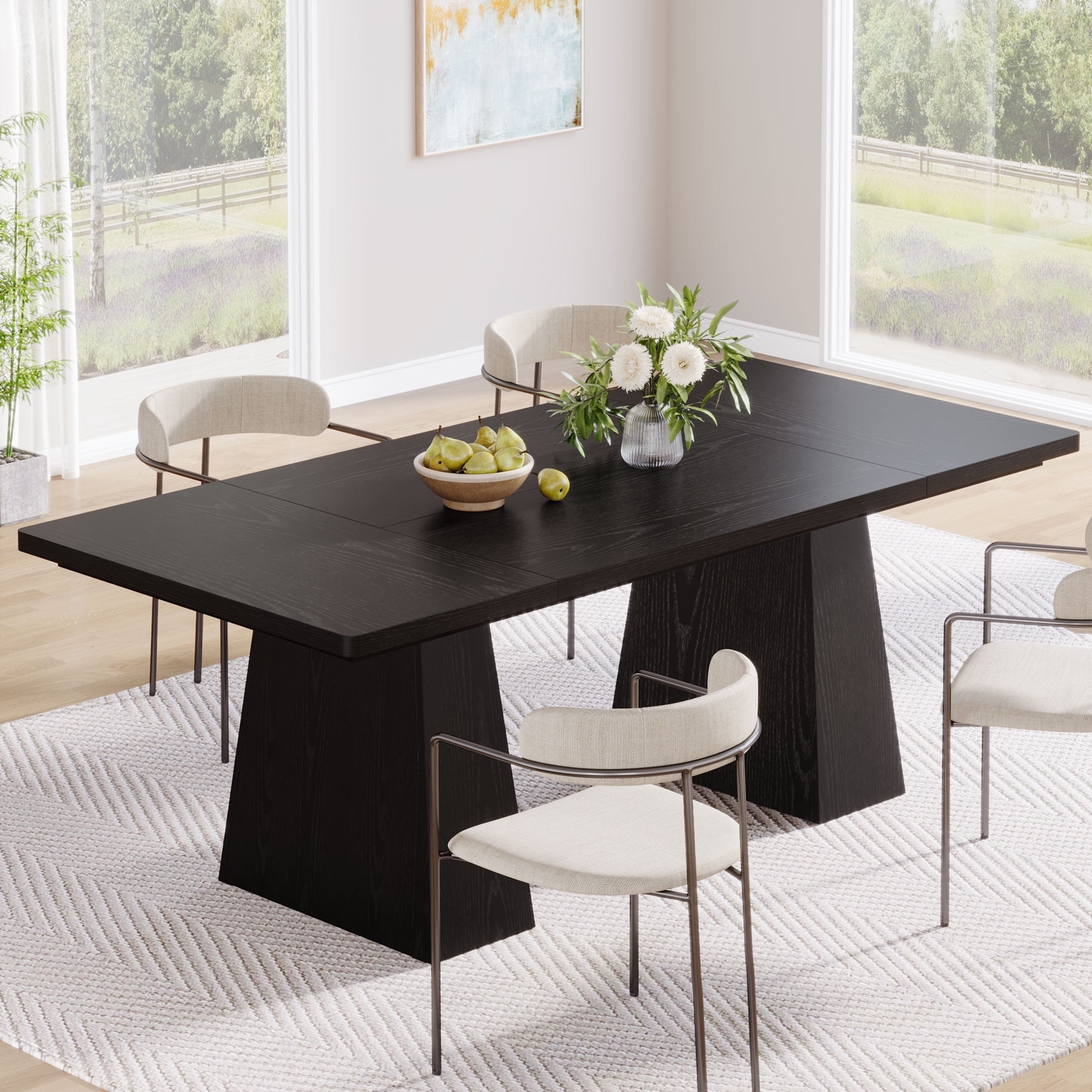 Black Farmhouse Wood Dining Table with Double Pedestal Base