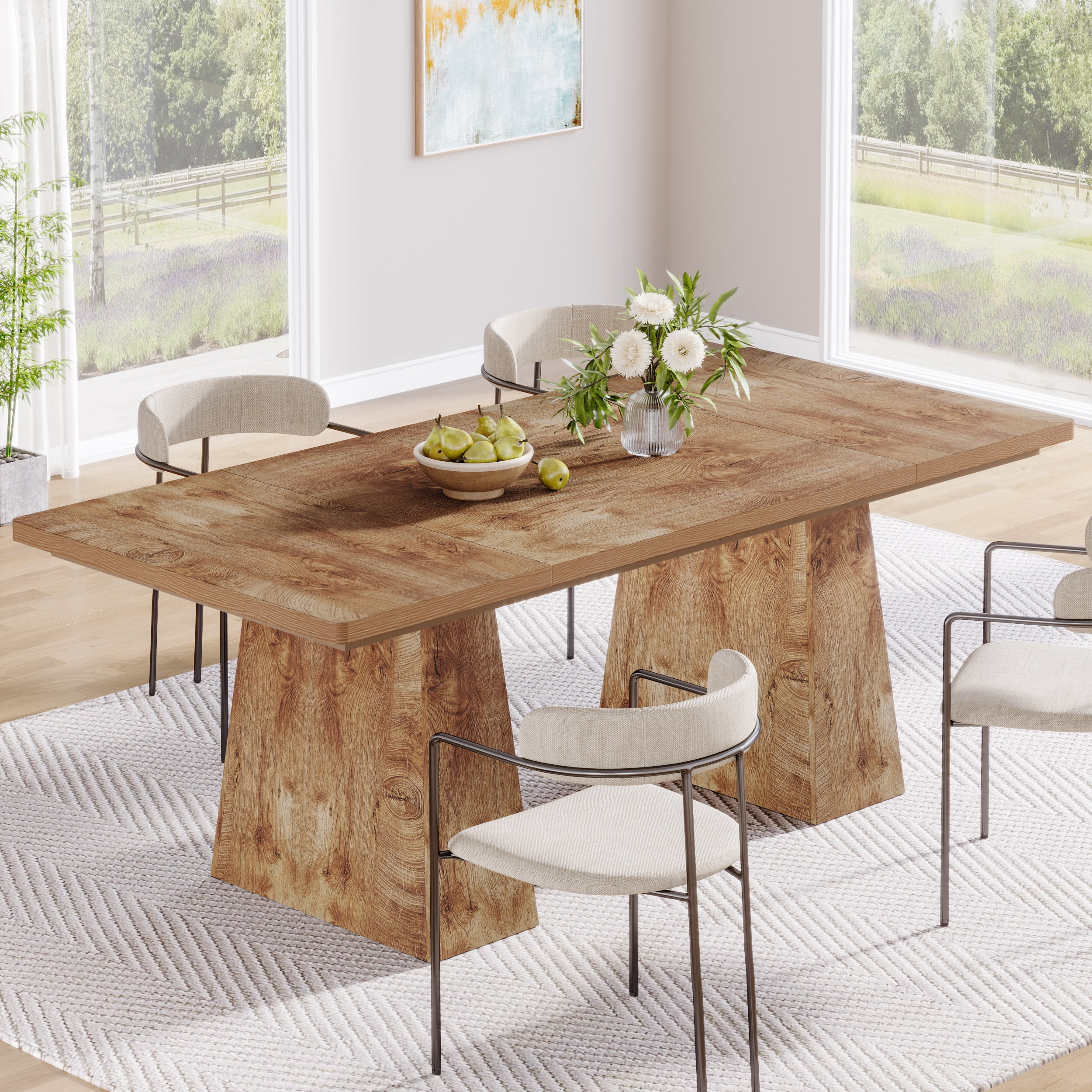 Tribesigns 63" Dining Table for 6, Farmhouse Wood Table Kitchen Table with Double Pedestal, Rectangular Dinner Table Kitchen & Dining Room Furniture, Natural