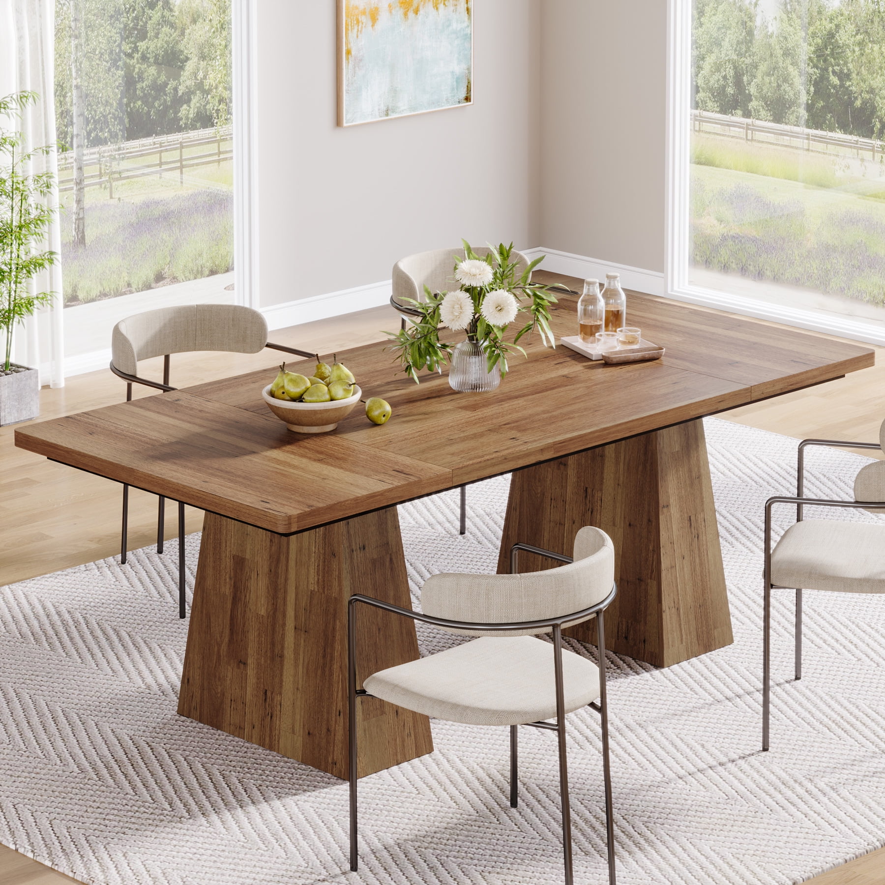 Tribesigns 63" Dining Table, Light Brown Wood Table Kitchen Table with Double Pedestal