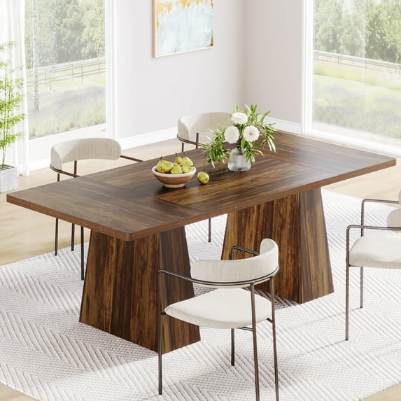 Tribesigns 63" Dining Table for 6, Farmhouse Wood Table Kitchen Table with Double Pedestal, Rustic Brown
