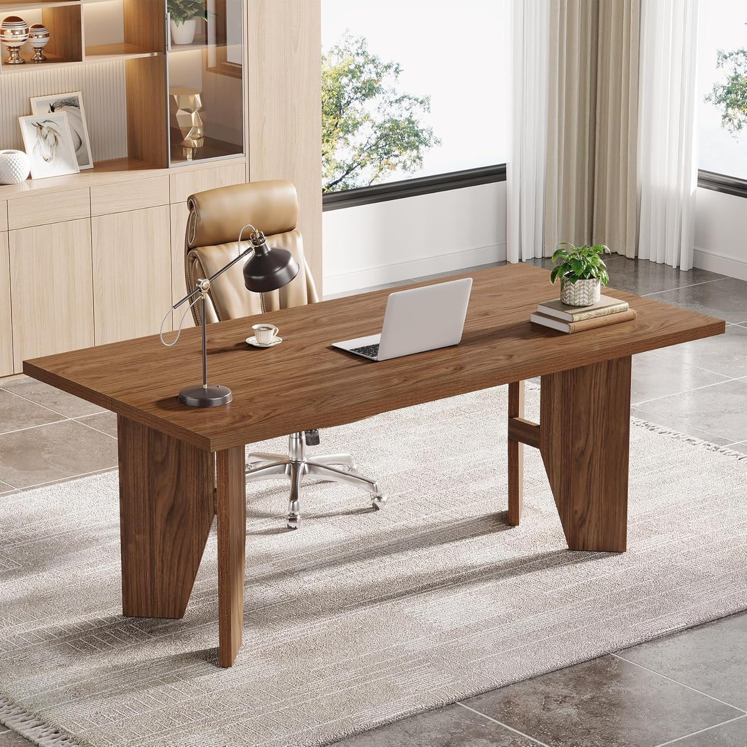Tribesigns 63" Executive Desk, Farmhouse Computer Desk with Sturdy Legs for Home Office, Brown
