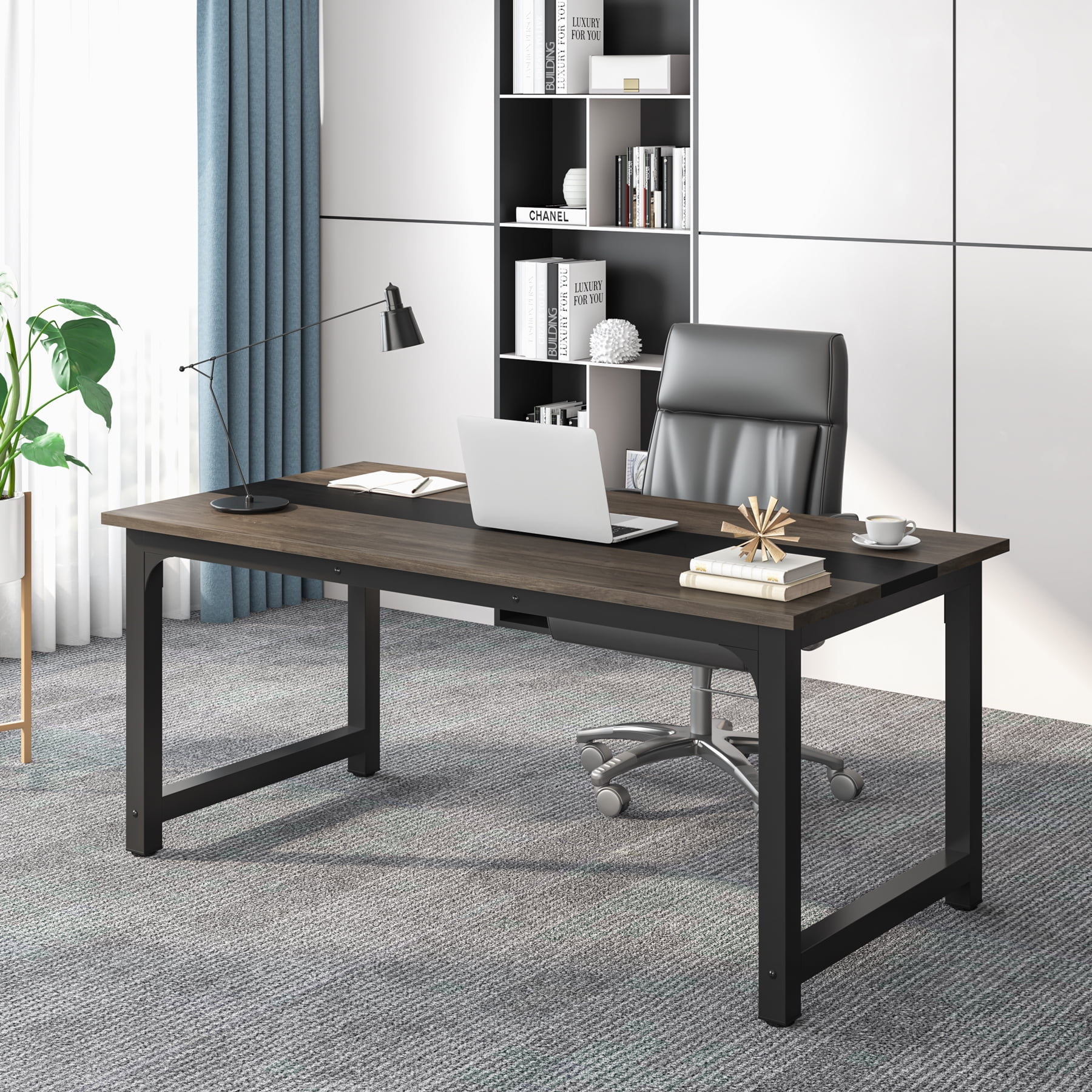 Tribesigns 63” Executive Desk, Large Office Computer Desk with Thicken Frame, Modern Simple Workstation Business Furniture for Home Office, Vintage Grey/Black