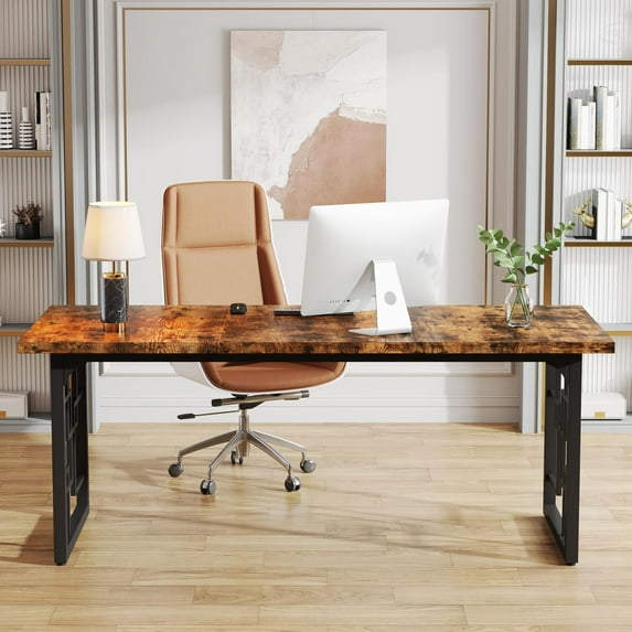 Tribesigns 63" Executive Desk, Large Office Desk, Industrial Wooden Computer Desk with Black Metal Legs for Home Office, Rustic Brown