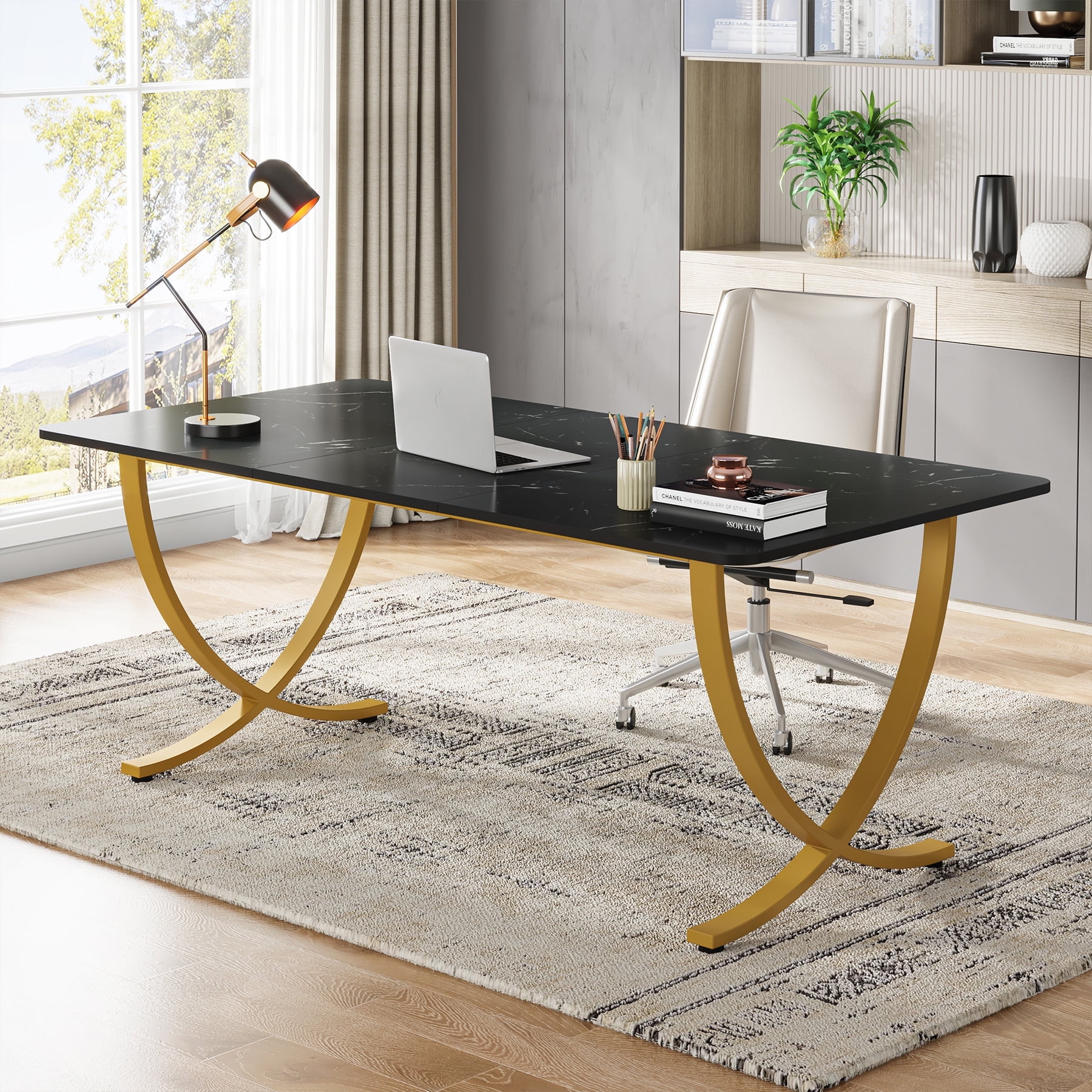 Tribesigns 63" Executive Desk, Large Office Desk with Black & Gold Finish, Modern Computer Desk for Home Office, Conference Room
