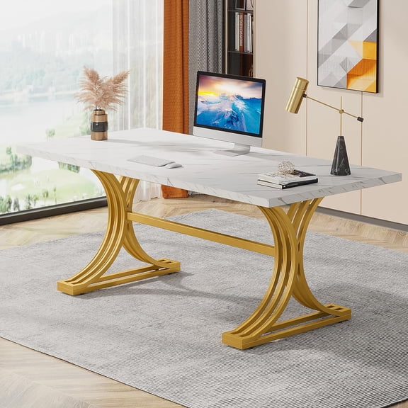 Tribesigns 63'' Executive Desk, Modern Computer Desk with Faux Marble Tabletop, and Stylish Metal Legs