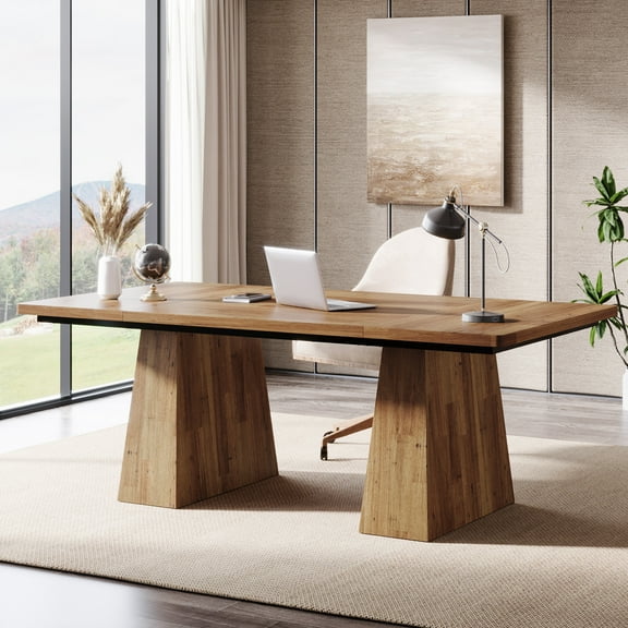 Tribesigns 63" Executive Desk, Modern Office Computer Desk with Double Pedestal, Large Simple Workstations Writing Table Conference Table, Light Brown