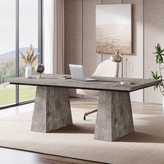 Tribesigns 63" Executive Desk, Modern Office Computer Desk with Double Pedestal, Large Simple Workstations Writing Table Conference Table, Grey